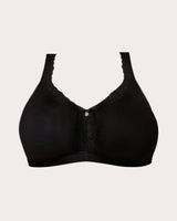 Unlined wireless bra in black with lace-trim V neckline