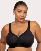 Black unlined wireless bra with lace-trim front and center clasp