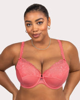 Sun-kissed coral lace push-up bra with underwire cups and adjustable straps
