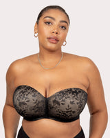 Black strapless push-up bra with lace floral print sweetheart cups