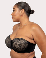 Black strapless push-up bra, lace floral cups in side view