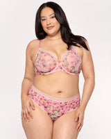 Sheer Mesh High Cut Brief Panty, In Full Bloom Pink Red - Curvy Couture - Mesh