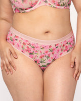 Sheer Mesh High Cut Brief Panty, In Full Bloom Pink Red - Curvy Couture - Mesh