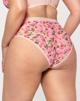 Sheer Mesh High Cut Brief Panty, In Full Bloom Pink Red - Curvy Couture - Mesh