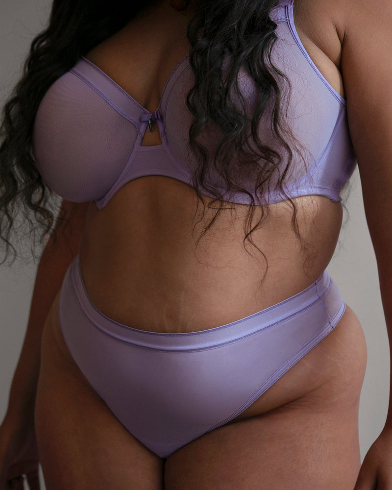 Sheer Mesh High Cut Thong Panty, Lavender Shimmer Purple - Curvy Couture - Mesh