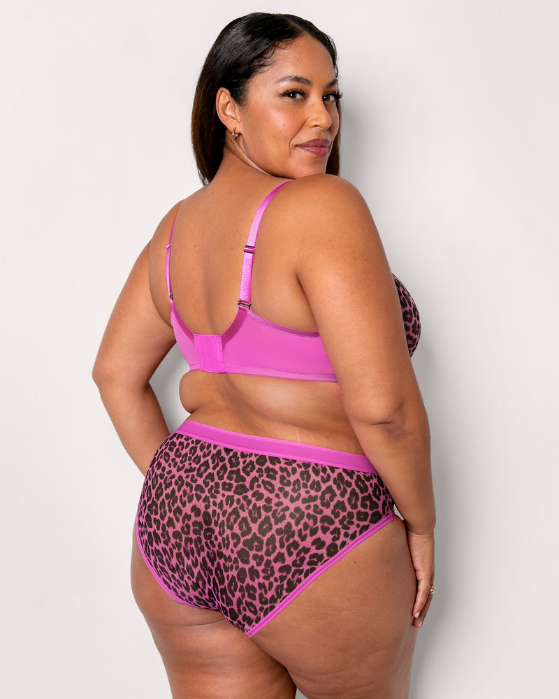Sheer Mesh High Cut Brief, Pink Leopard Print - Curvy Couture - Mesh