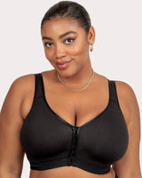 Black wireless front-close cotton bra with wide straps and scoop neckline