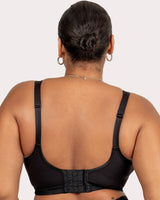 Black wireless back view bra with adjustable shoulder straps and center back closure