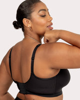 Black wireless bra back with adjustable straps and smooth racerback panel