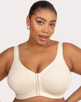 Natural wireless front-close cotton bra, V-neck, padded cups and adjustable straps