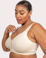 Natural wireless front-close bra with V-neck and adjustable straps, side view