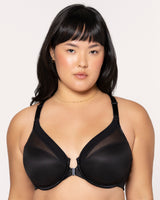 Sheer Mesh Front-Close Racerback T-Shirt Bra - Black Hue