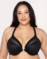 Sheer Mesh Front-Close Racerback T-Shirt Bra - Black Hue