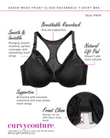 Sheer Mesh Front-Close Racerback T-Shirt Bra - Black Hue