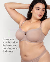 Sheer mesh balconette bra in bark brown, unlined cups with underwire and adjustable straps