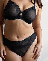 Sheer Whisper High Cut Thong Panty, Black Hue Black - Curvy Couture - Mesh