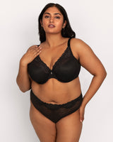 Sheer Whisper High Cut Thong Panty, Black Hue Black - Curvy Couture - Mesh