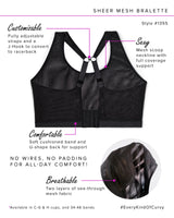 Black sheer mesh bralette with hook-and-eye front and supportive U-back