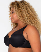 Sheer Mesh Plunge T-Shirt Bra, Black Hue Black - Curvy Couture - Mesh