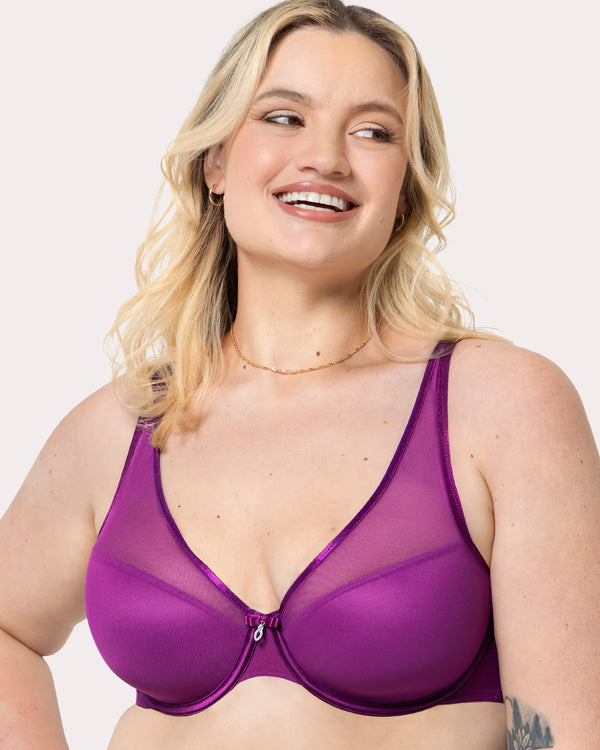 Sheer Mesh Plunge T-Shirt Bra, Berry Bliss Purple - Curvy Couture - Mesh