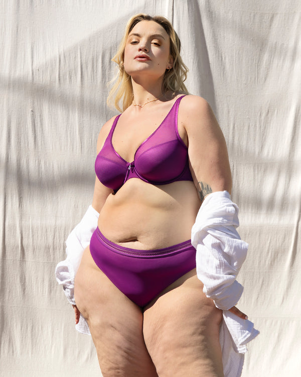 Sheer Mesh Plunge T-Shirt Bra, Berry Bliss Purple - Curvy Couture - Mesh