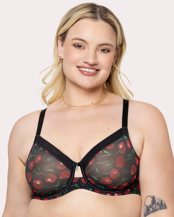 Sheer Mesh Full Coverage Unlined Underwire Bra, Cherry Pop  - Curvy Couture - Mesh