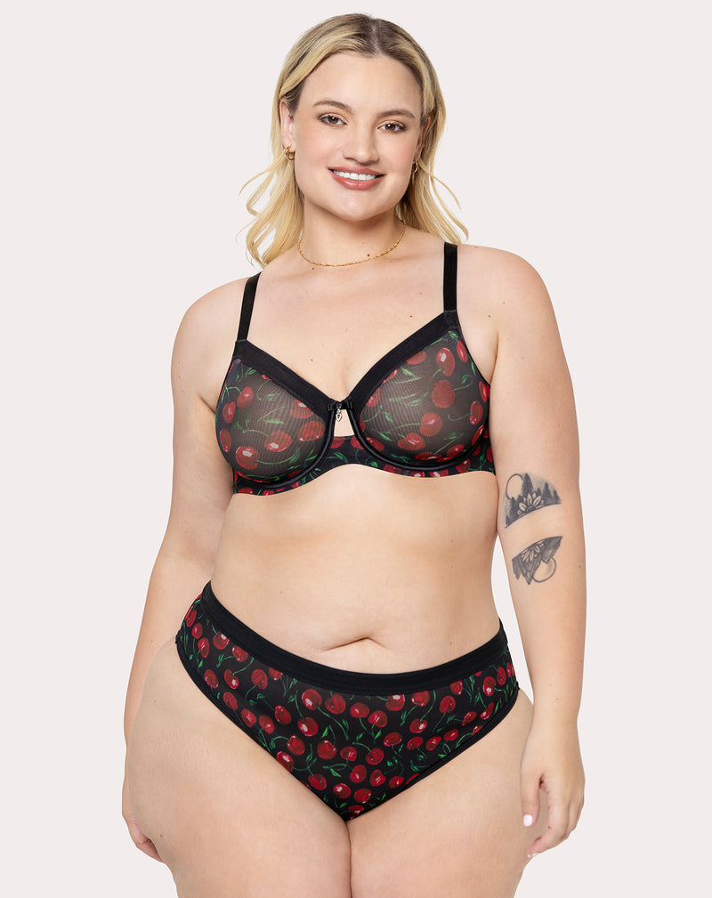 Sheer Mesh High Cut Brief Panty, Cherry Pop Black - Curvy Couture - Mesh