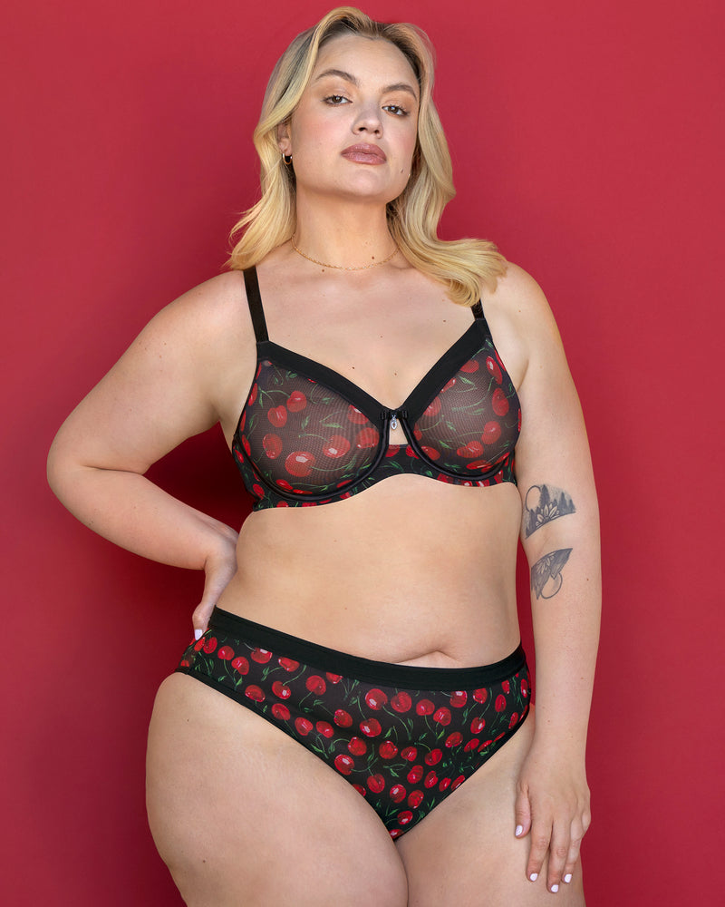 Sheer Mesh Full Coverage Unlined Underwire Bra, Cherry Pop  - Curvy Couture - Mesh