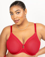 Sheer Mesh Full Coverage Unlined Underwire Bra - Diva Red