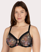 Sheer Mesh Full Coverage Unlined Underwire Bra, Still Life Floral Black - Curvy Couture - Mesh