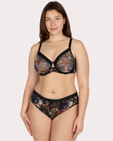 Sheer Mesh Full Coverage Unlined Underwire Bra, Still Life Floral Black - Curvy Couture - Mesh