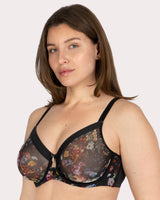 Sheer Mesh Full Coverage Unlined Underwire Bra, Still Life Floral Black - Curvy Couture - Mesh