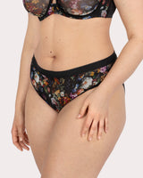 Sheer Mesh High Cut Brief Panty, Still Life Floral Black - Curvy Couture - Mesh