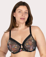 Sheer Mesh Full Coverage Unlined Underwire Bra, Still Life Floral Black - Curvy Couture - Mesh