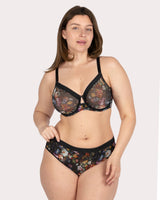 Sheer Mesh High Cut Brief Panty, Still Life Floral Black - Curvy Couture - Mesh