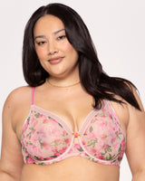 Sheer Mesh Full Coverage Unlined Underwire Bra, In Full Bloom Pink Red - Curvy Couture - Mesh