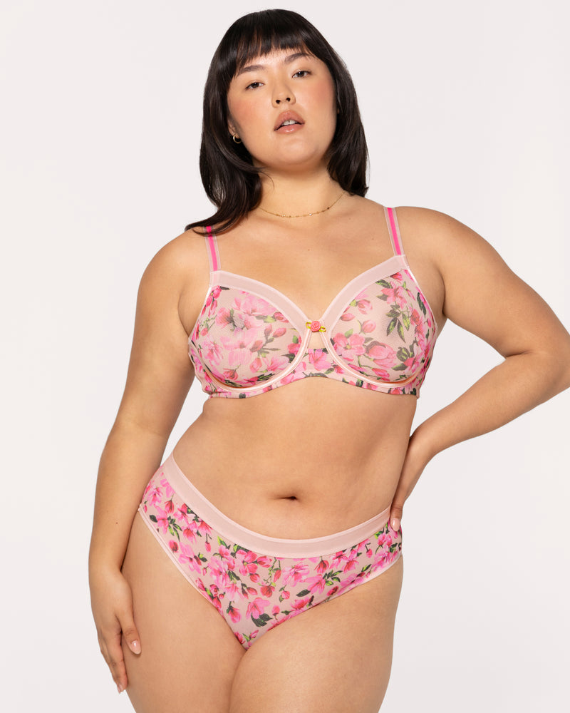 Sheer Mesh Full Coverage Unlined Underwire Bra, In Full Bloom Pink Red - Curvy Couture - Mesh