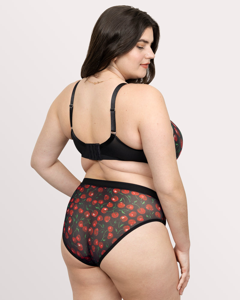 Sheer Mesh High Cut Brief Panty, Cherry Pop Black - Curvy Couture - Mesh