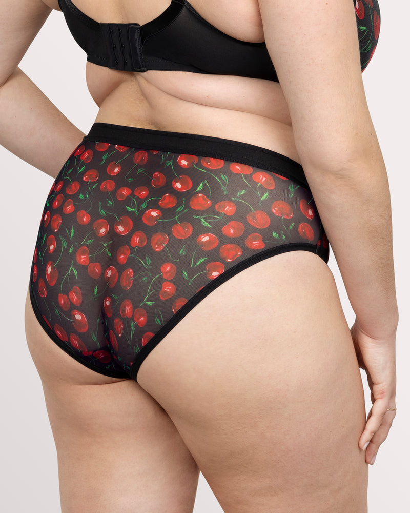 Sheer Mesh High Cut Brief Panty, Cherry Pop Black - Curvy Couture - Mesh