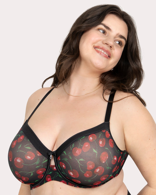 Sheer Mesh Full Coverage Unlined Underwire Bra, Cherry Pop  - Curvy Couture - Mesh
