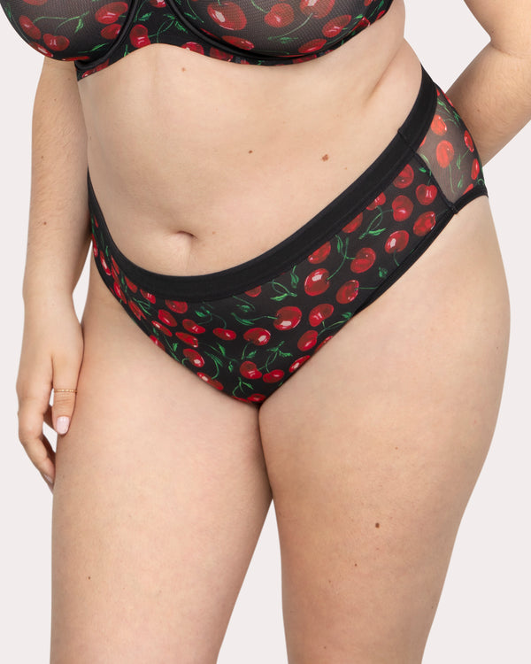 Sheer Mesh High Cut Brief Panty, Cherry Pop Black - Curvy Couture - Mesh
