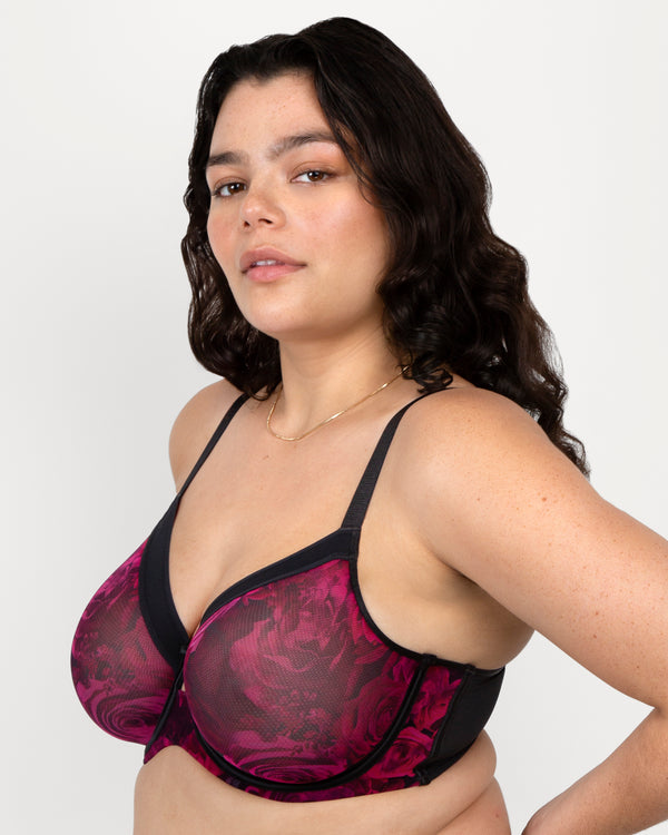 Sheer Mesh Full Coverage Unlined Underwire Bra, Dramatic Rose Red - Curvy Couture - Mesh