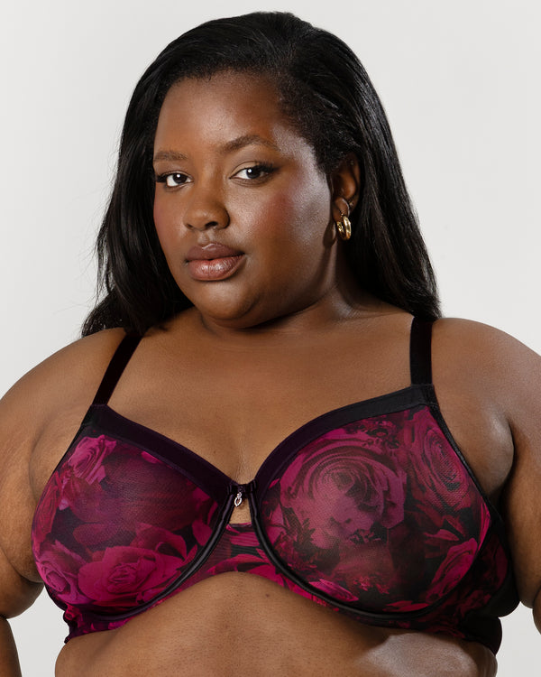 Sheer Mesh Full Coverage Unlined Underwire Bra, Dramatic Rose Red - Curvy Couture - Mesh