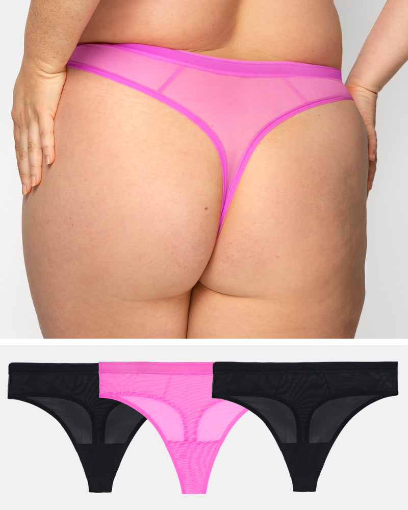 Sheer Mesh High Cut Thong 3 Pack, Black/Flirt/Black Pink - Curvy Couture - Mesh