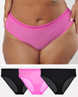 Sheer Mesh High Cut Brief 3 Pack, Black/Flirt/Black Pink - Curvy Couture - Mesh
