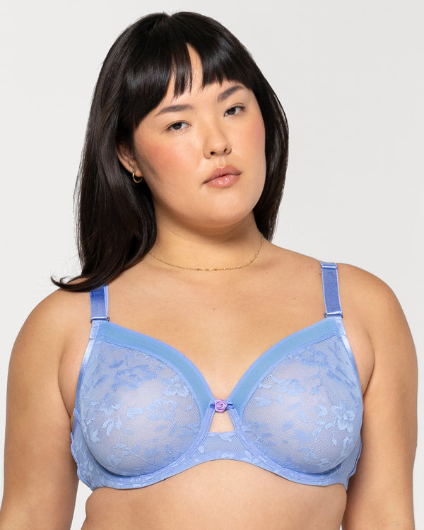 No-Show Lace Unlined Underwire Bra, Denim Blue Blue - Curvy Couture - Lace