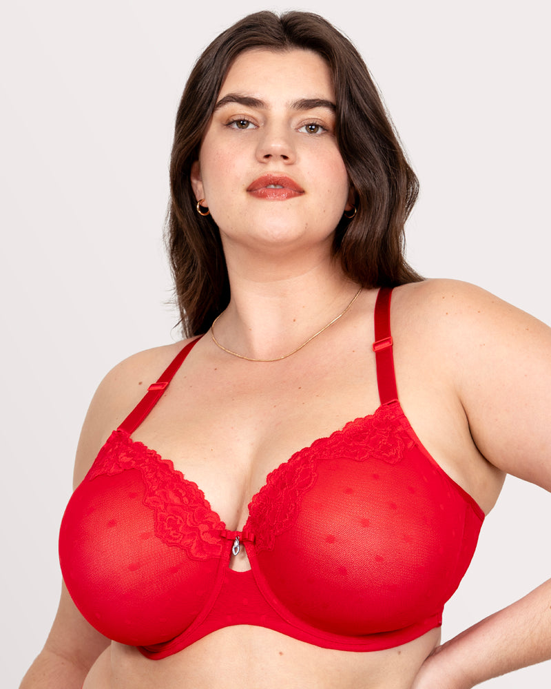 Sheer Whisper Full Coverage Unlined Underwire Bra, Diva Red Red - Curvy Couture - Mesh