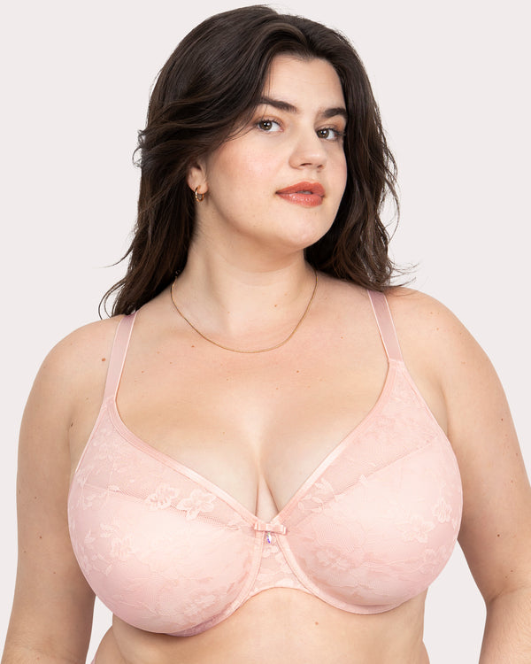 No-Show Lace Plunge T-Shirt Bra, Blushing Rose Pink - Curvy Couture - Lace