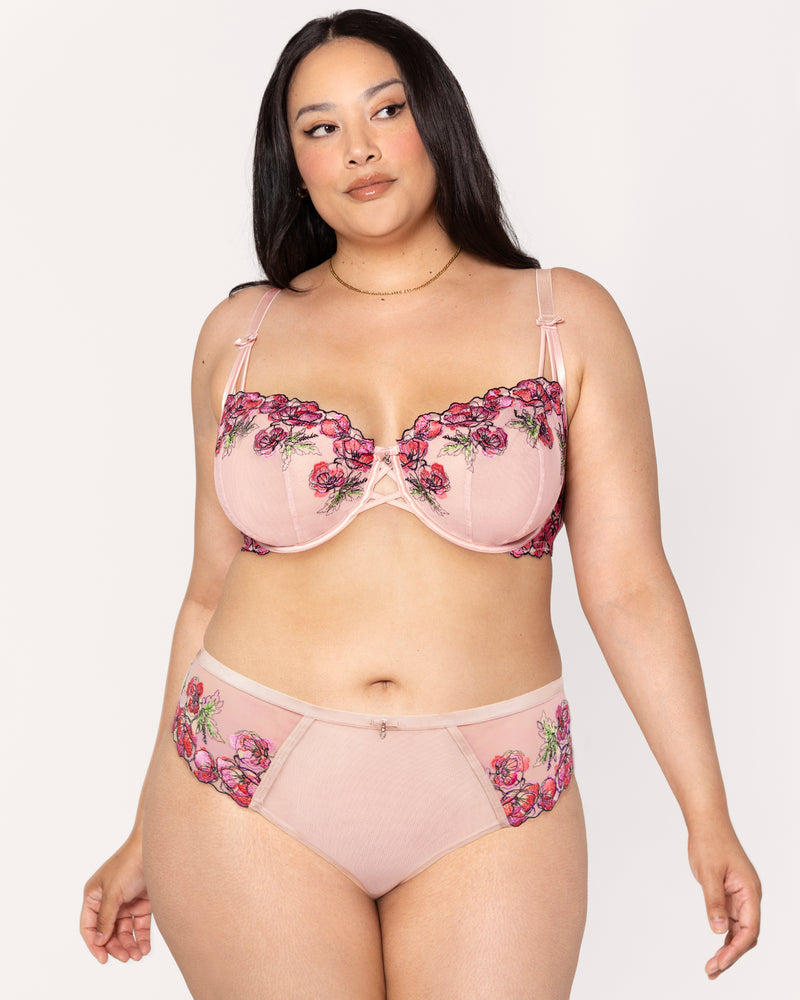 Lush Embroidery Unlined Full Coverage Balconette	Bra, Blushing Rose Red - Curvy Couture - Emb