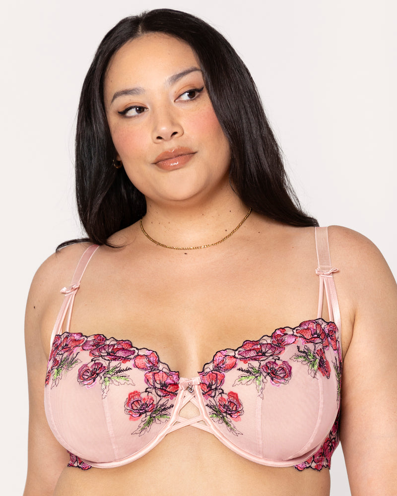 Lush Embroidery Unlined Full Coverage Balconette	Bra, Blushing Rose Red - Curvy Couture - Emb